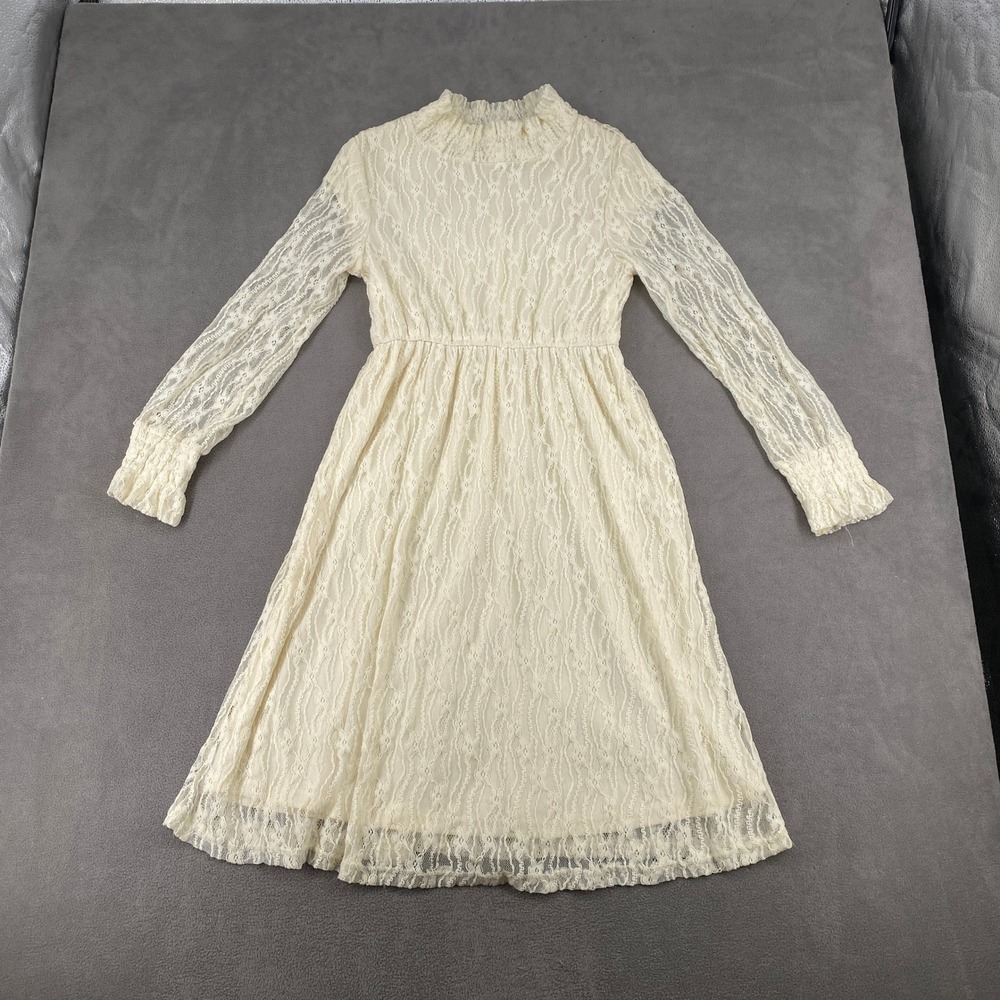 Downeast Cream Lace Long Sleeve Smocked Mock Neck Midi Dress Small DB20081122